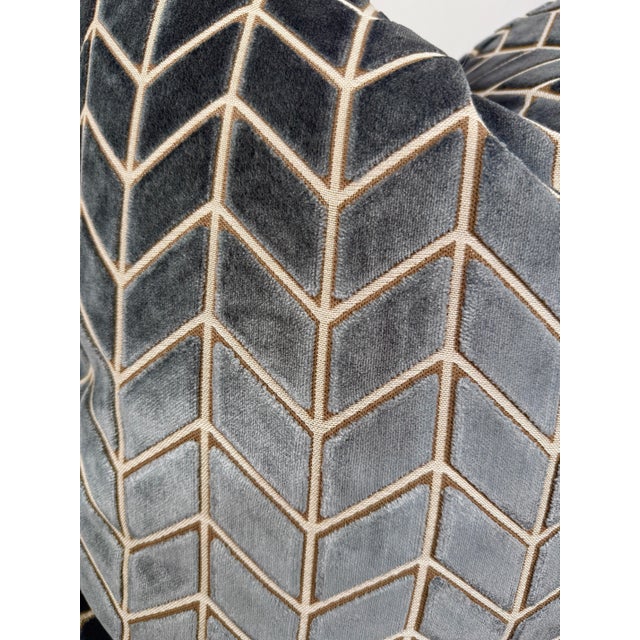 Custom pair of 22" pillows covered in Harlequin "Perplex Velvet" in color graphite, a grayish blue velvet. These pillows...