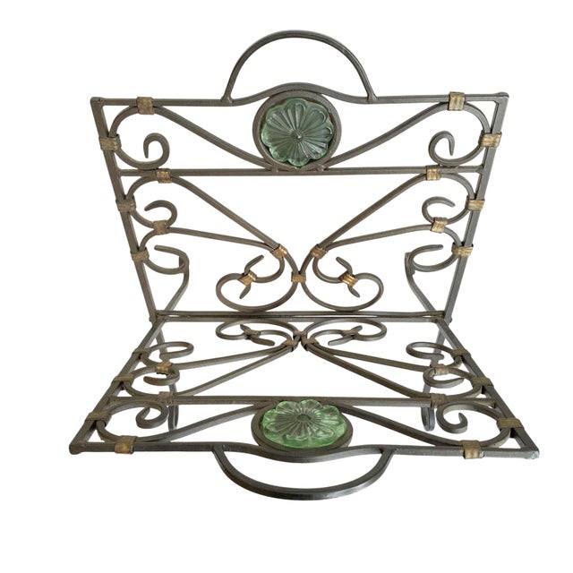 1980s Metal Folding Magazine or Record Holder - Green Glass Medallion For Sale In New York - Image 6 of 9