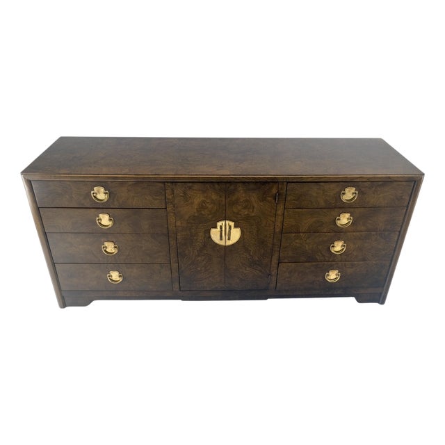 Burl Wood Brass Hardware 2 Doors Compartment 68" Long Dresser Credenza MINT! For Sale