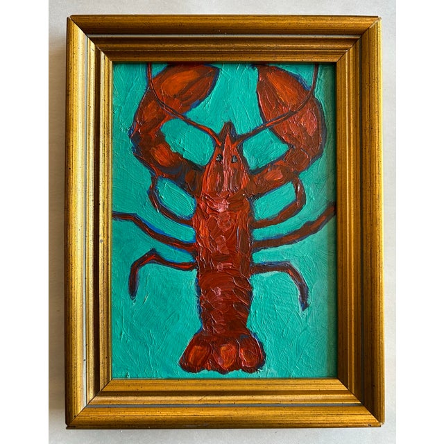 Impressionist Original Oil Painting of a Lobster on Turquoise Background by Alexandra Brown For Sale - Image 3 of 5