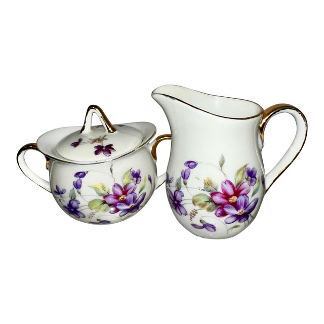 Mid 20th Century Royal Sealy China Cream & Sugar Gold Trim With Violets For Sale