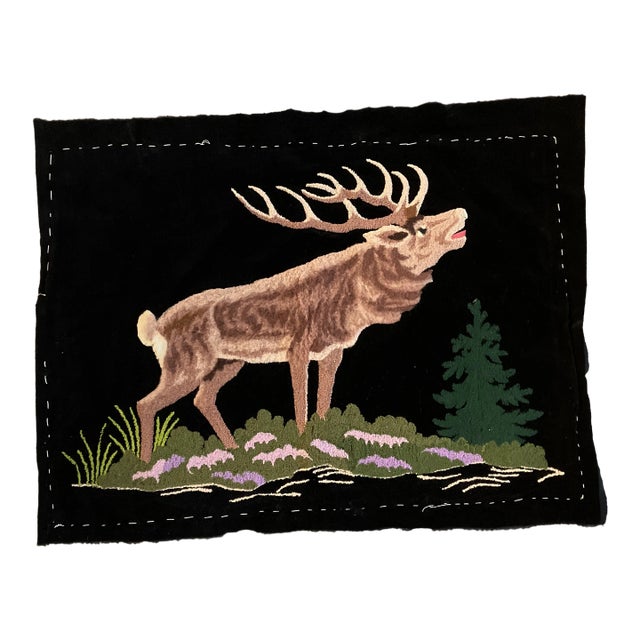 1930’s Vintage Folk Art German Punch Needlework Stag /Deer Picture on Black Velvet For Sale