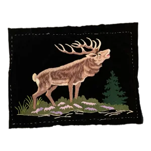 1930’s Vintage Folk Art German Punch Needlework Stag /Deer Picture on Black Velvet