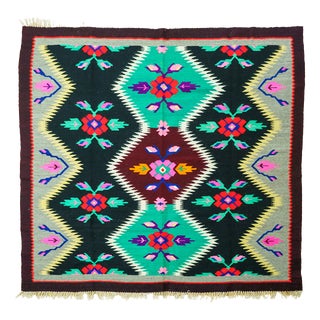 Vintage Romanian-Moldovan Handwoven Wool Rug with Geometric Diamond Folk Pattern and Fringe, 1970s For Sale