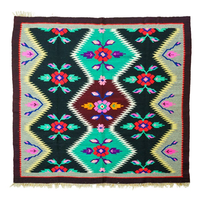 Vintage Romanian-Moldovan Handwoven Wool Rug with Geometric Diamond Folk Pattern and Fringe, 1970s For Sale