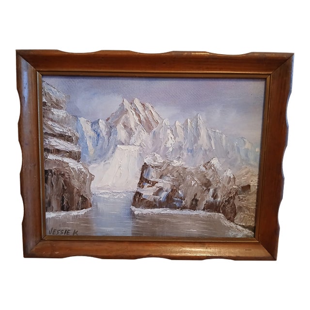 1980s Framed Oil Painting on Board Signed by Artist [Title: Glacier] For Sale