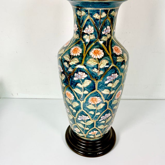 Mid 20th Century Chinoiserie Boho Chic Hollywood Regency Ceramic Flora Botanical Table Lamp, Textile Shade For Sale - Image 9 of 18