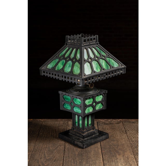 Early 20th Century Arts and Crafts Green Slag Glass and Cast Iron Table Lamp For Sale In Chicago - Image 6 of 9