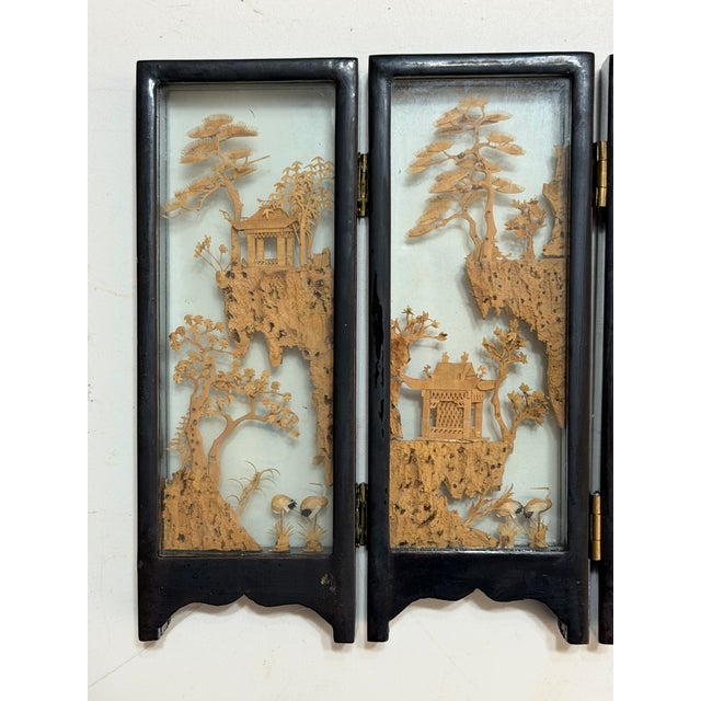 Mid 20th Century Mid 20th Century Chinese San You Cork Carving Four\-Panel Tabletop Screen** For Sale - Image 5 of 11