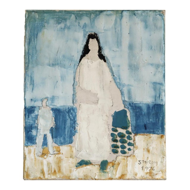 1976 Modernist 'Seaside Stroll' Vintage Mini Swedish Original Figurative Oil Painting, Framed For Sale