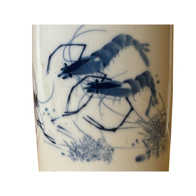 Chinese Distressed White Porcelain Blue Shrimps Graphic Holder Vase For Sale In San Francisco - Image 6 of 9