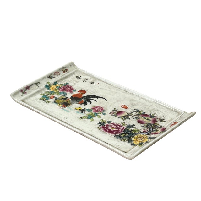 Off-white Vintage Finish Rooster Flower Graphic Rectangular Porcelain Plate Art For Sale - Image 8 of 10