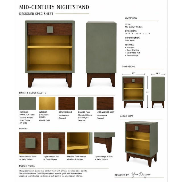 Old Chapel Home Collection™ | Mid-Century Modern Nightstand in Sagewood Green™, Satin Walnut & Metallic Gold A striking...