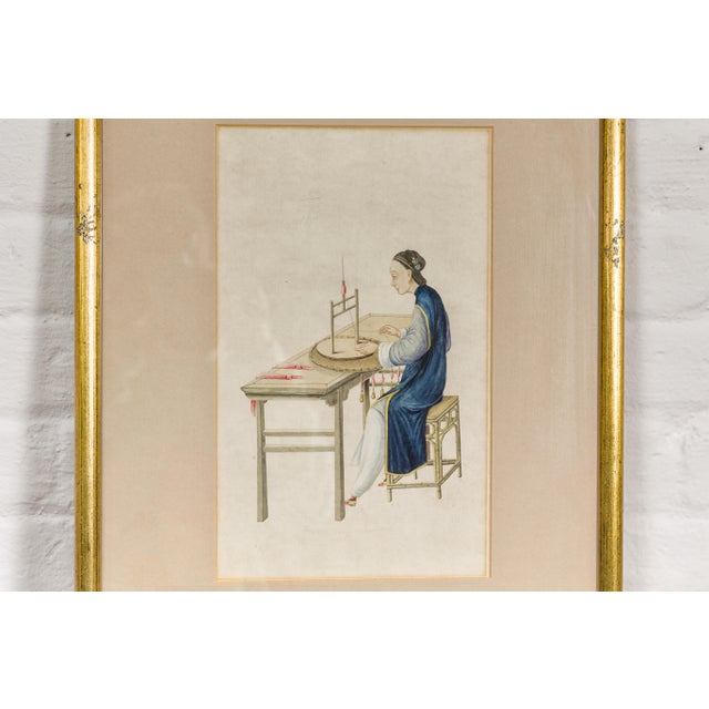 Blue Woman in a Blue Dress Threading Silk Chinese Watercolor in Gilt Frame For Sale - Image 8 of 12