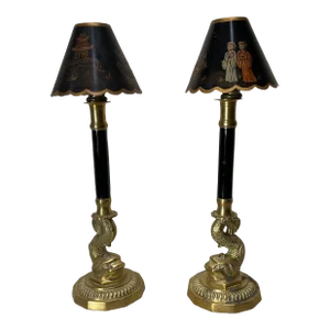 Brass & Black Enameled Dolphin Candlesticks With Chinoiserie Tole Shades - a Pair