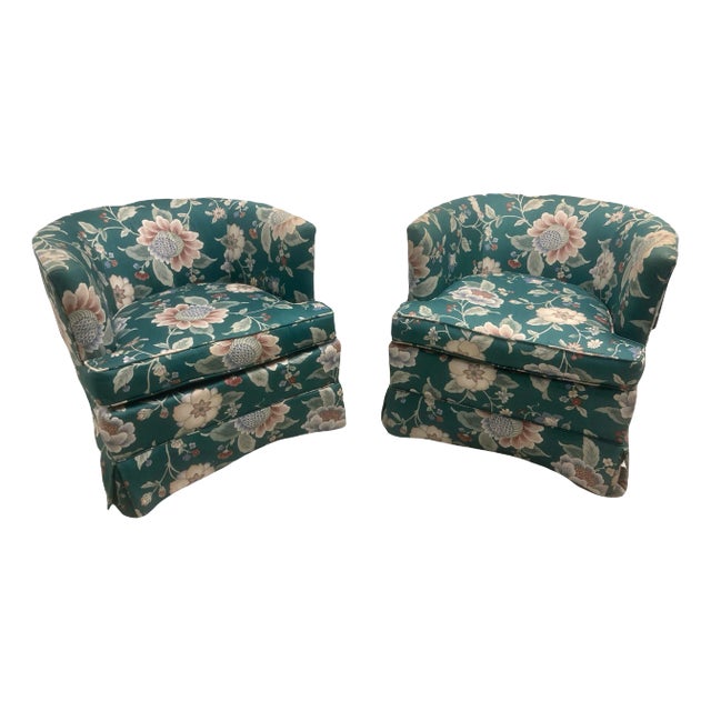 Vintage 1980s Drexel Heritage Cottage Core Boho Barrel Club Chairs in Green Floral Motif - A Pair For Sale