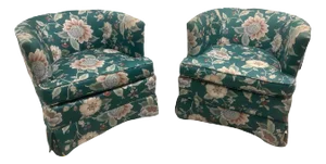 Vintage 1980s Drexel Heritage Cottage Core Boho Barrel Club Chairs in Green Floral Motif - A Pair