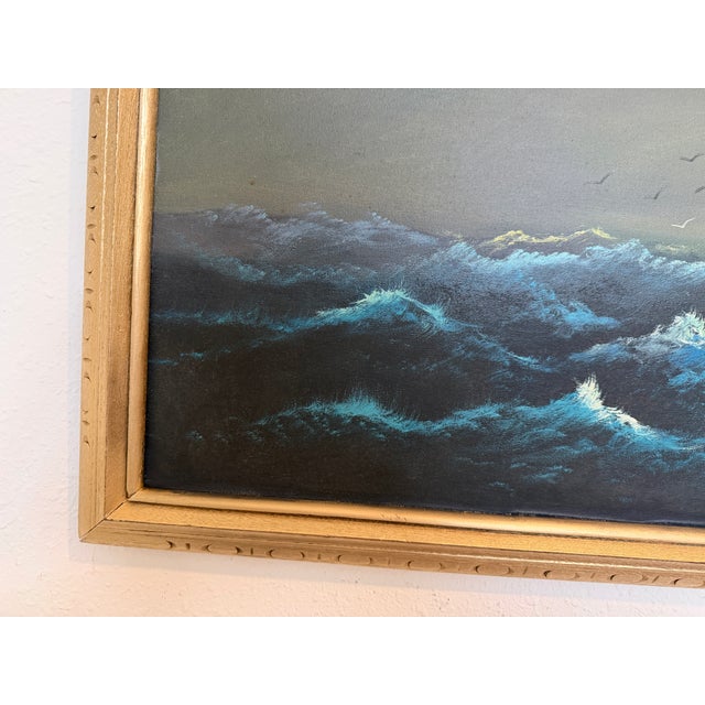Paint Large Vintage Nautical Oil Painting Signed Dramatic Sailing Ship Seascape For Sale - Image 7 of 10