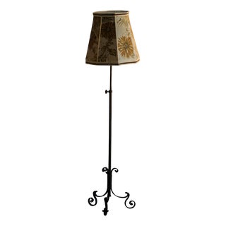 Art Deco Danish Iron Floor Lamp with Tripod Base and Floral Lampshade, 1940s For Sale
