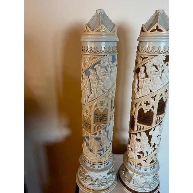 RARE Pair Antique V&B Mettlach 16" Relief Tower Steins #168 Medieval Scene For Sale - Image 10 of 11