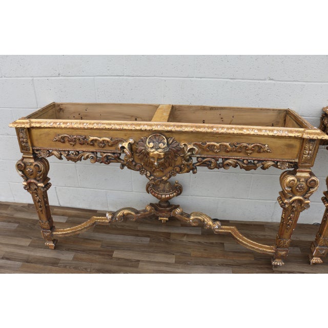 Antique Italian Baroque Giltwood Console Tables With Breccia Marble Tops | Pair | Circa 1900s For Sale - Image 16 of 18
