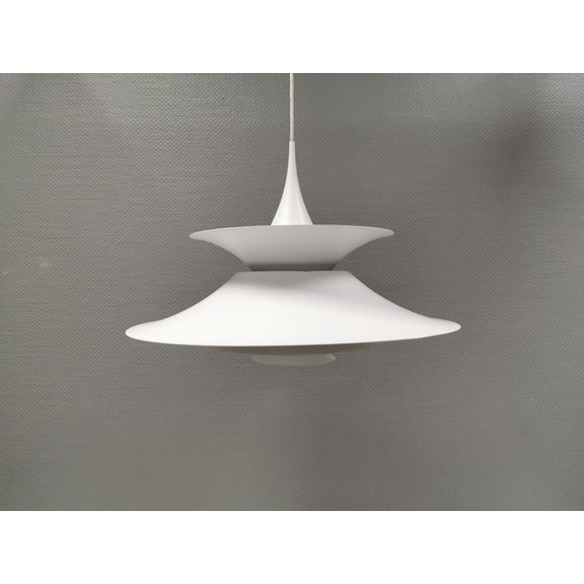 Radius hanging lamp, designed by erik balslev, for fog & mørup denmark, in beautiful white. style -- vintage, mid-century,...