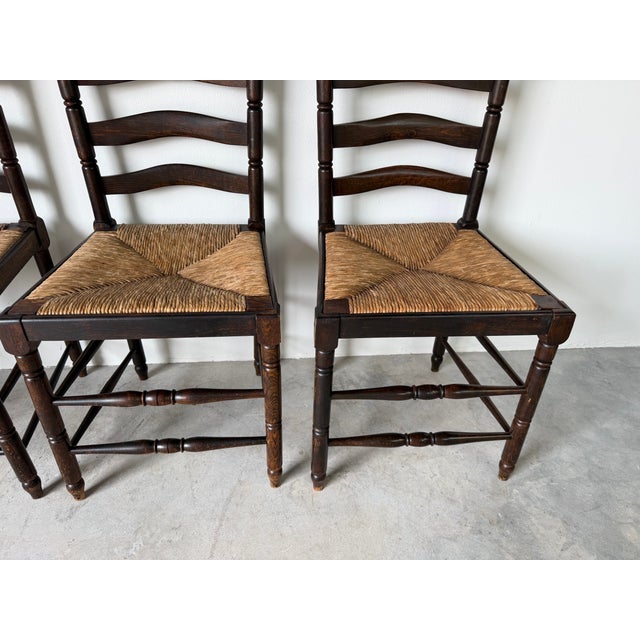 Vintage French Country Style Oak Ladder Back Rush Seat Dining Chairs – Set of 4 For Sale - Image 14 of 18