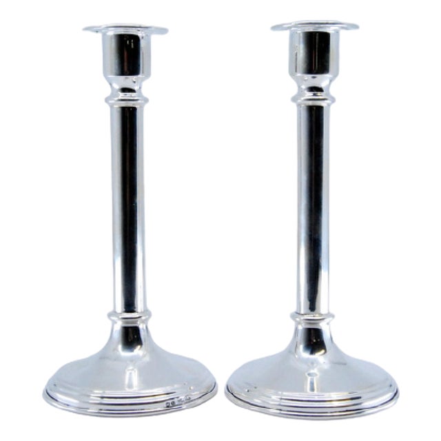 Tall Silver Candlesticks with Smooth Stems and Circular Bases For Sale