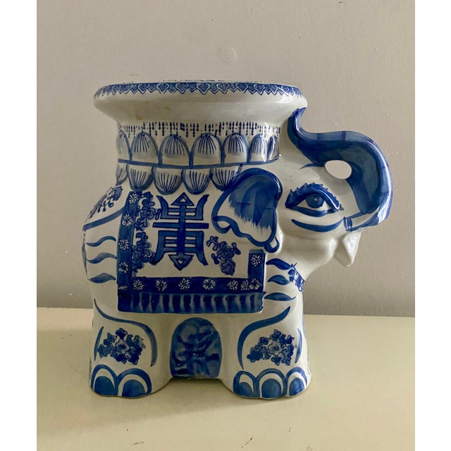Vintage Ceramic Chinoiserie Blue & White Elephant Plant Stand or Garden Stool For Sale - Image 4 of 12