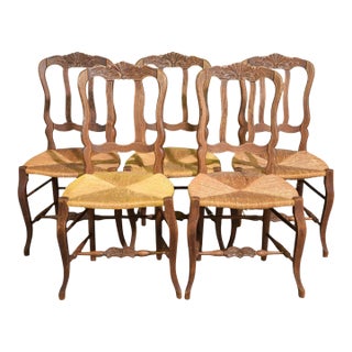 Vintage Country French Louis XV Style Rush Seat Dining Chairs — Set of 5 For Sale