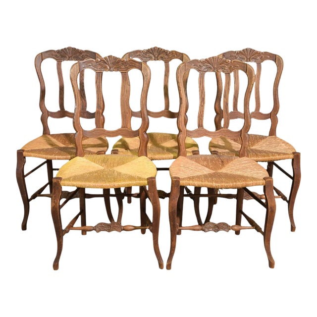 Vintage Country French Louis XV Style Rush Seat Dining Chairs — Set of 5 For Sale
