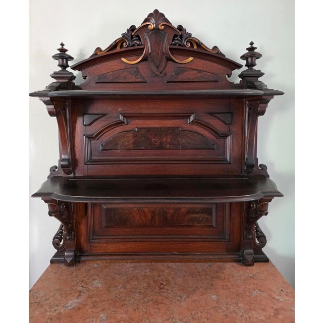 ​19th Century French Henri II Renaissance Revival Walnut & Rouge Marble Buffet Deux Corps For Sale - Image 4 of 11