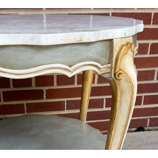 Exquisite Vintage Swedish Gustavian Louis XVI Style Pale Blue and Parcel Gilt Two-Tiered Marble Top Accent Table - Newly Painted For Sale - Image 9 of 12