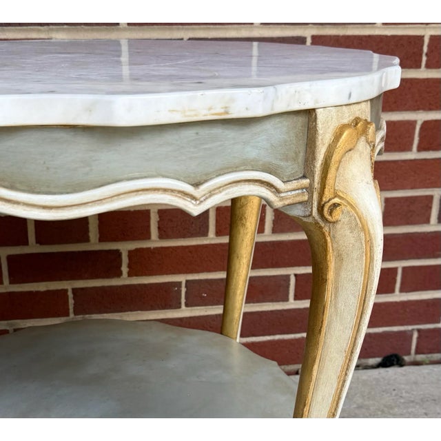 Vintage Hand-Painted Pale Blue & Marble Newly Painted Two-Tier Accent Table by Turtle and Crane - Italian Rococo Style For Sale - Image 9 of 13