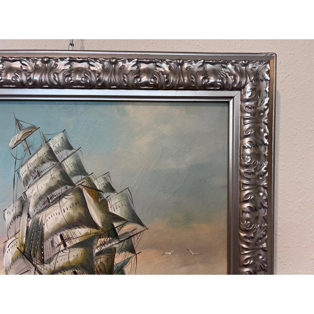 Impressionist Vintage European Marine Original Oil Painting Tall Ship Seascape Signed Framed For Sale - Image 3 of 7
