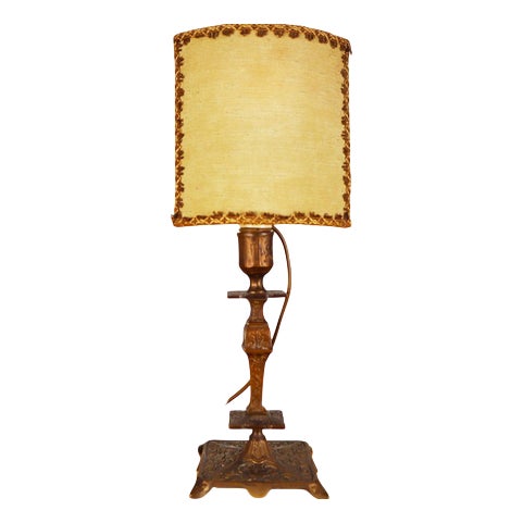 Vintage Brass Lamp with Fabric Shade For Sale