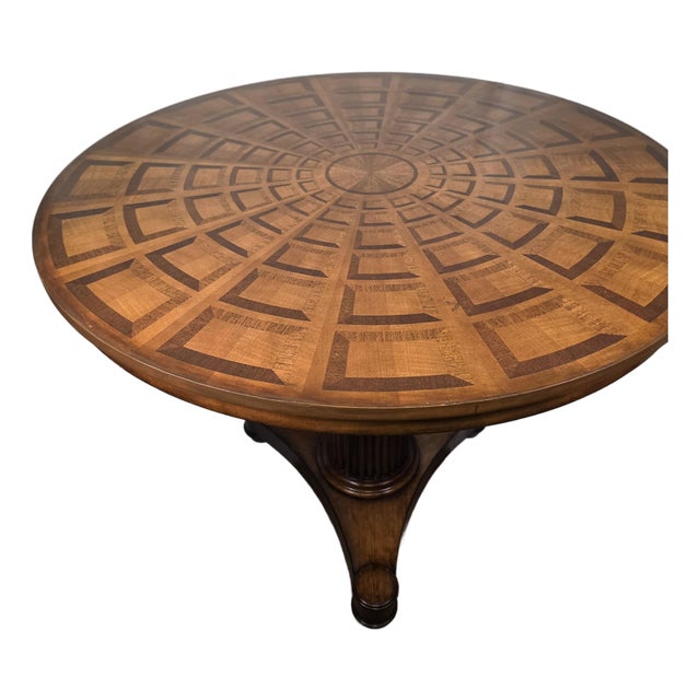 Theodore Alexander Geometric Inlaid Wood Round Pedestal Dining/Entry Table For Sale