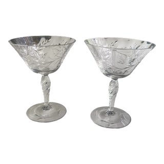 Vintage Crystal Floral Etched Champagne Glasses- Set of 2 For Sale