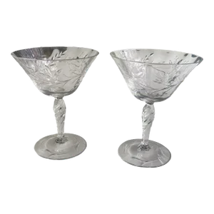 Vintage Crystal Floral Etched Champagne Glasses- Set of 2