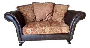 Bernhardt Pillow Back Loveseat, Settee, Sofa With English Rolled Brown Leather Arms.