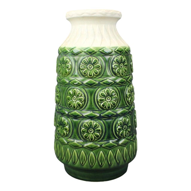 Large Mid-Century Green Relief Vase from Bay Keramik, West Germany, 1970s For Sale