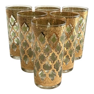 Culver Valencia Gold & Green High Ball Glasses - Set of 6 For Sale