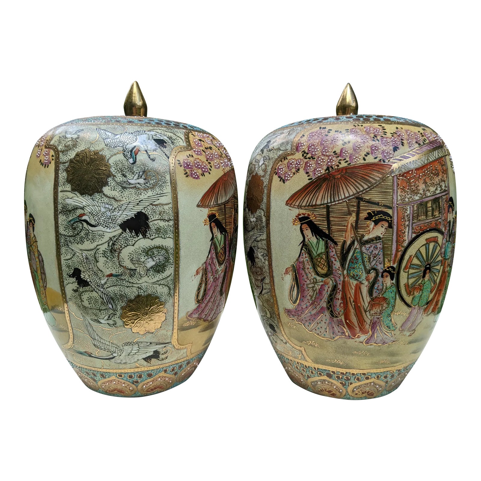 Mid 20th Century Fine Chinese Satsuma Porcelain Ginger Jars with Hand ...