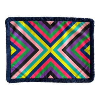 Colorful Caribbean Multi Stripe Pillow Cover With Navy Brush Fringe For Sale