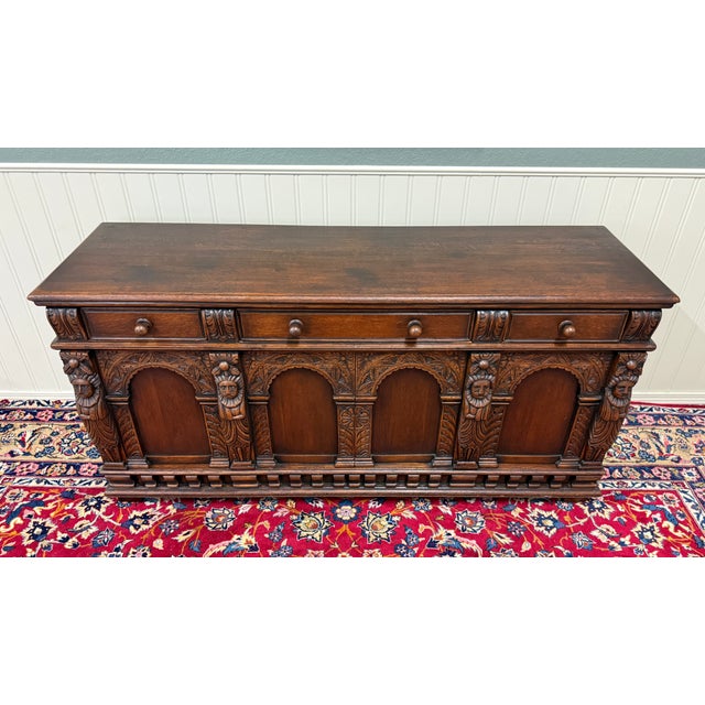 Antique English Renaissance Style Sideboard Server Entry Buffet Oak c.1930-40s For Sale - Image 17 of 18