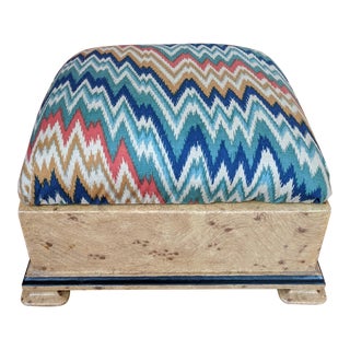 Vintage Faux Burlwood Upholstered Flamestitch Foot Stool For Sale