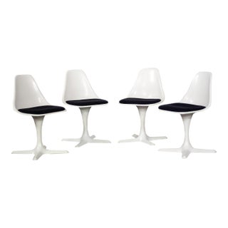 Mid-20th Century MCM Burke Tulip Side Chairs No 103 White Shell Black Cushions Oval Stationary 4 Prong Base Set of 4 For Sale