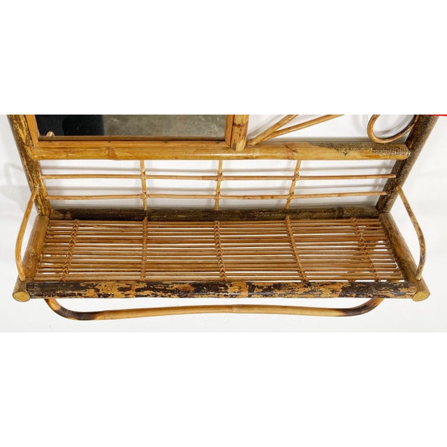 Wood Vintage Mirrored Scorched Bamboo Wall Shelf Towel Rack For Sale - Image 7 of 7