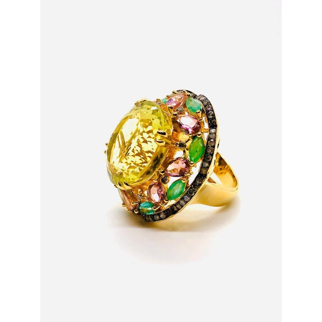 Yellow Bochic “Orient” Vintage Diamond, Lemon Quartz & Pink Tourmaline Ring Set 18 K Gold For Sale - Image 8 of 9