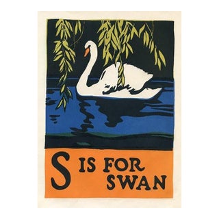 1920s, S Is for Swan Print, Original Vintage Children’s Print, Lithograph, ABCs For Sale